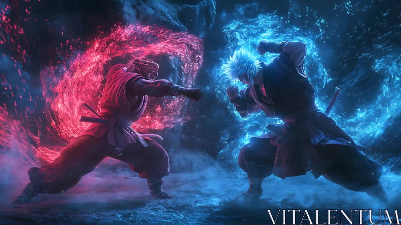 Two martial artists confront with contrasting elemental energy