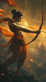 Heroic archer poised at dusk amid blazing war clouds.