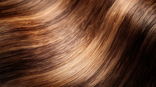 Close-up of wavy brown and blonde highlighted human hair.