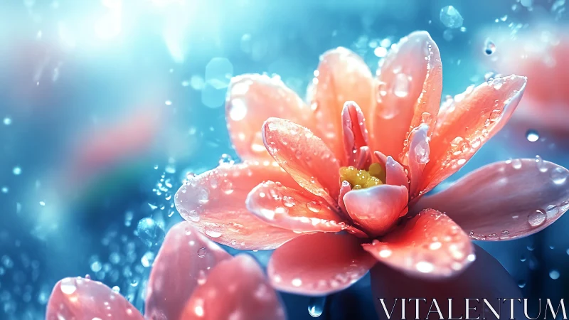 Red petals adorned with dewdrops against luminous sky.