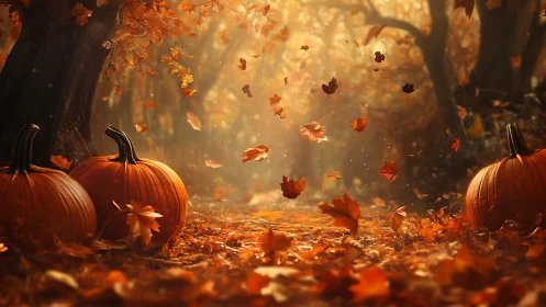 Falling leaves move above pumpkins on a forest path