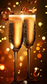 Sparkling champagne flutes glow amid festive golden lights