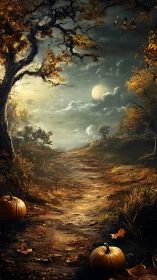 Moonlit autumn path curves through pumpkins and twisted trees
