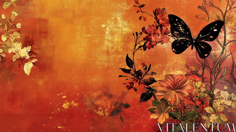 Burnt sienna floral collage with silhouetted butterfly form.