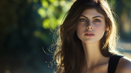 Sunlit portrait of a serene young woman in soft focus
