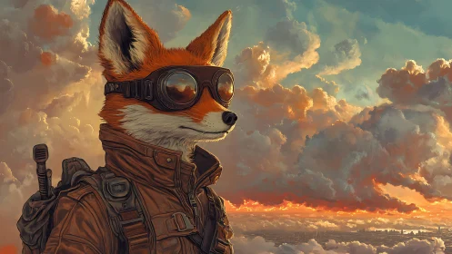 Skybound fox aviator quietly patrols the ember-lit clouds