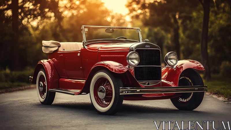 Vintage red Ford convertible parked on tree-lined road.