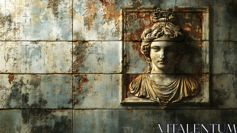 Classical stone relief bust on weathered rusted wall tiles.