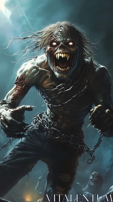 Undead creature with chains lunges forward in foggy night