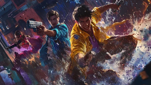 Armed trio advancing through reflective wet urban alleyway.