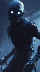 Glowing eyed ghoul stalks corridor in cold blue light.
