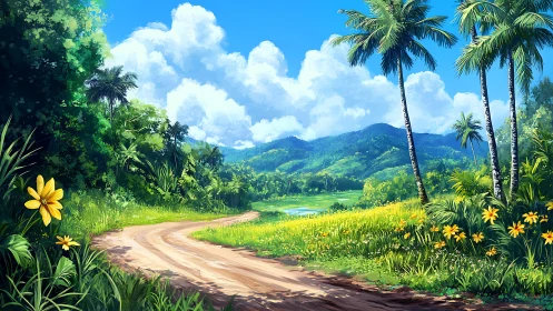 Digital painting of tropical path with lush floral foreground.