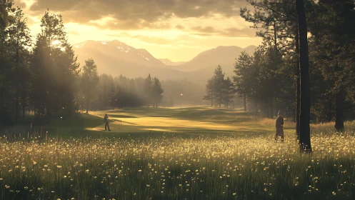 Golf green in forest clearing with distant mountain range.