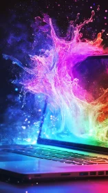Luminous color splash erupting from open laptop screen.