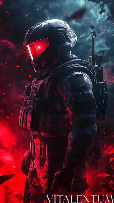 Armored space soldier stands in crimson cosmic storm