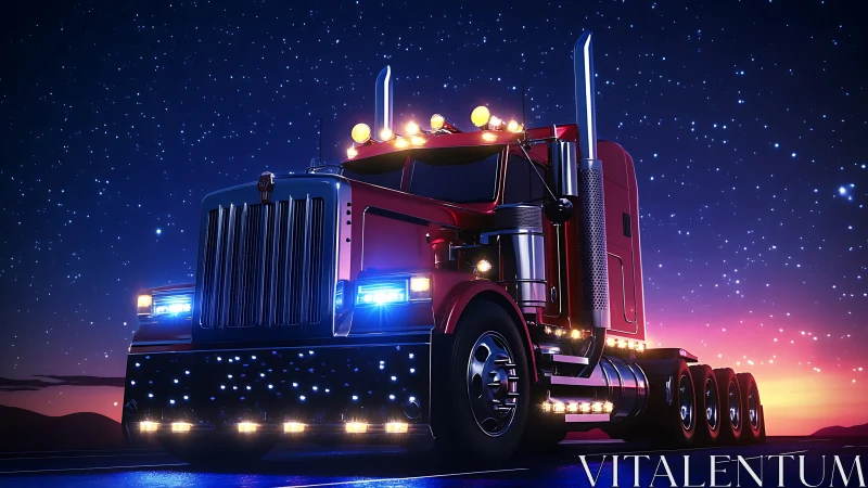 Chrome red semi truck under neon starry night sky.