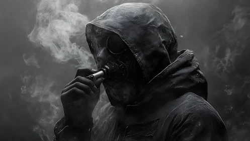Hooded masked figure vaping in dense swirling smoke clouds.