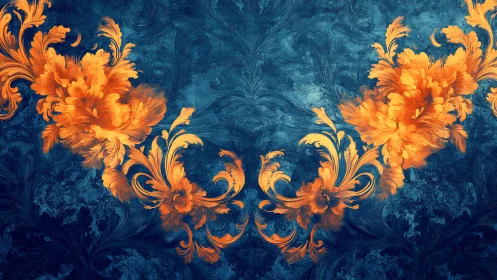 Digital baroque floral scrollwork on deep teal ground.