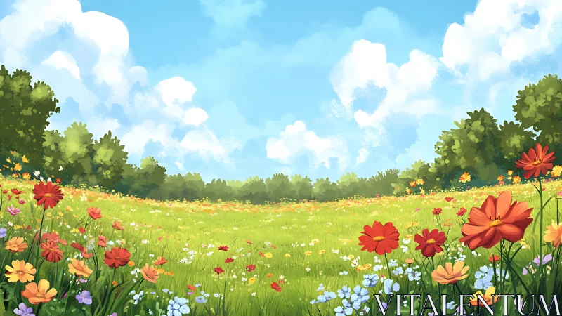 Wildflower meadow stretches under bright summer sky