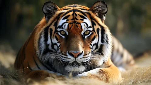 Regal tiger resting in shallow focus golden habitat portrait.