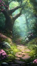 Luminous Forest Gateway: Where Ancient Trees Frame Mystical Light.