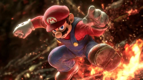 Dynamic plumber hero lunging through molten battlefield.