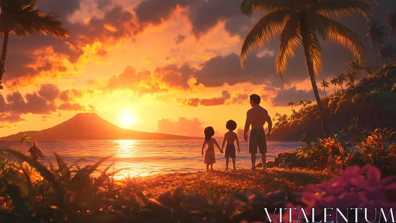 Family watches glowing island sunset in tropical paradise