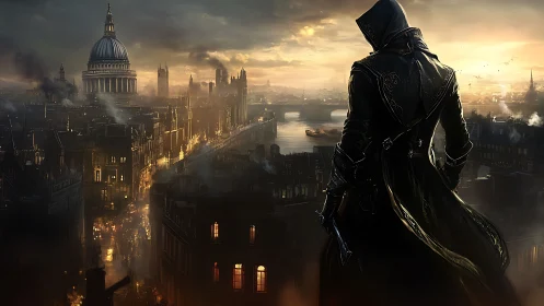 Hooded vigilante overlooking steampunk dusk cityscape.