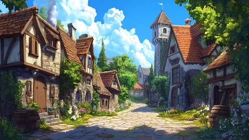 Sunny medieval village lane glows with rustic cottage charm.