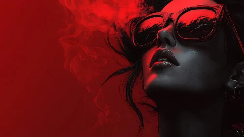 Neon red portrait of reflective sunglasses and rising smoke