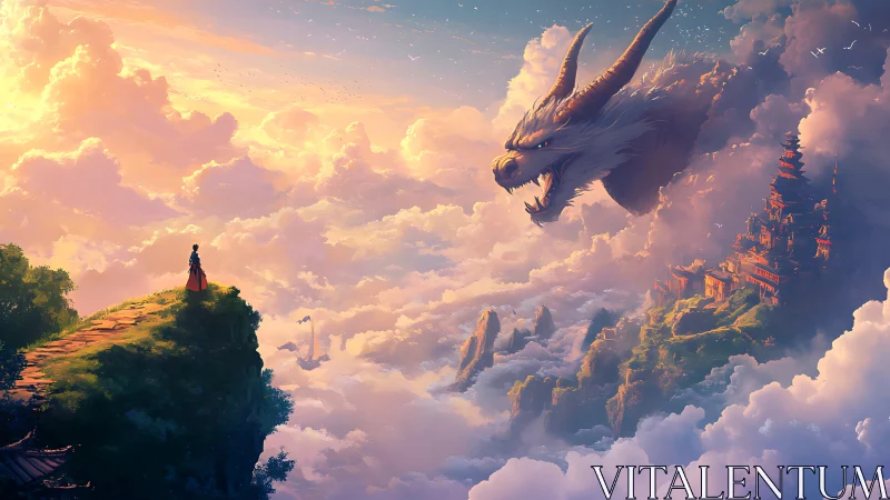 Skyward dragon confronts lone figure above cloud temples.