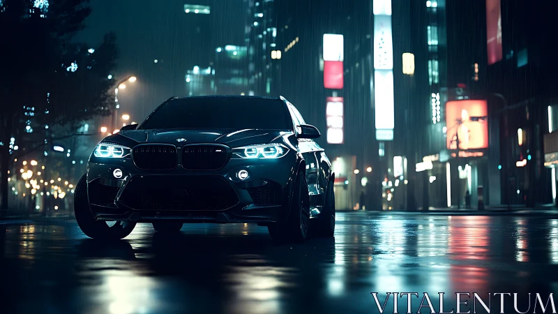 High-gloss sports sedan under neon rain in nocturnal cityscape