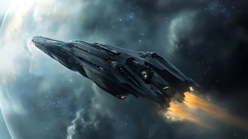 Large spacecraft departing planetary orbit in deep space.