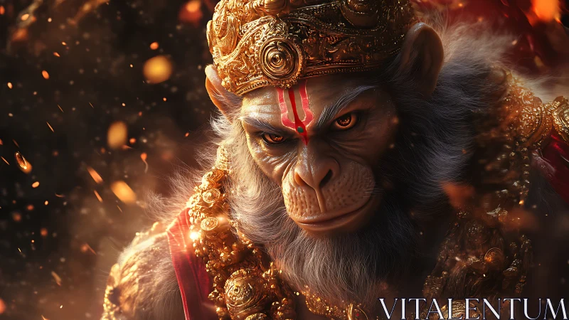 Mythic simian warrior rendered in ember lit digital realism.