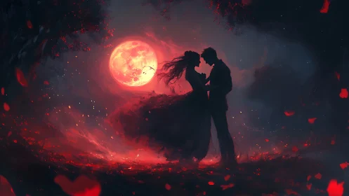 Red Moon Embrace: A Silhouetted Love Scene