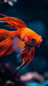 Vibrant orange betta fish in cinematic underwater closeup.