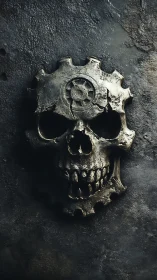 Weathered metal skull cog emblem on corroded stone background