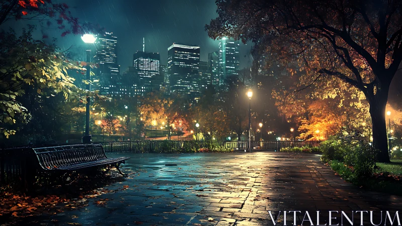 Rainwashed city park glimmering under autumn lantern hush.