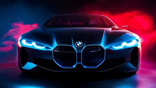 Futuristic BMW sports car glows in neon blue and crimson haze