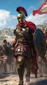 Roman legion commander strides under sunlit battle standard.