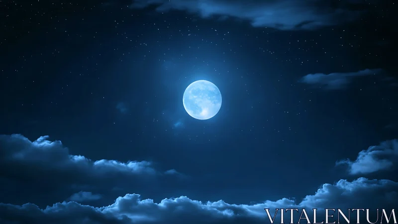 Full moon over deep blue night sky and cloud horizon.