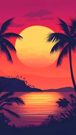Digital tropical sunset scene shows layered silhouettes