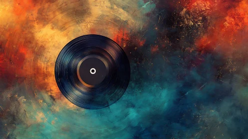 Vinyl record against abstract orange and teal backdrop.