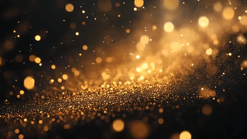 Abstract golden glitter particles swirling in dramatic light effect.