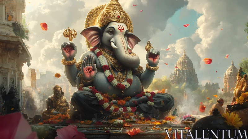 Majestic Ganesha statue amid temple landscape and flowers.
