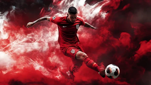 Dynamic soccer striker in mid-kick amid red vapor effects