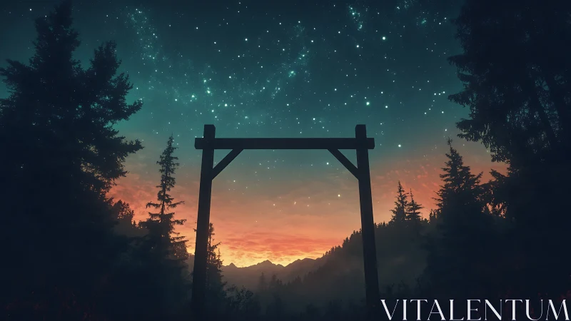 Starlit forest gate welcomes sunset over distant peaks