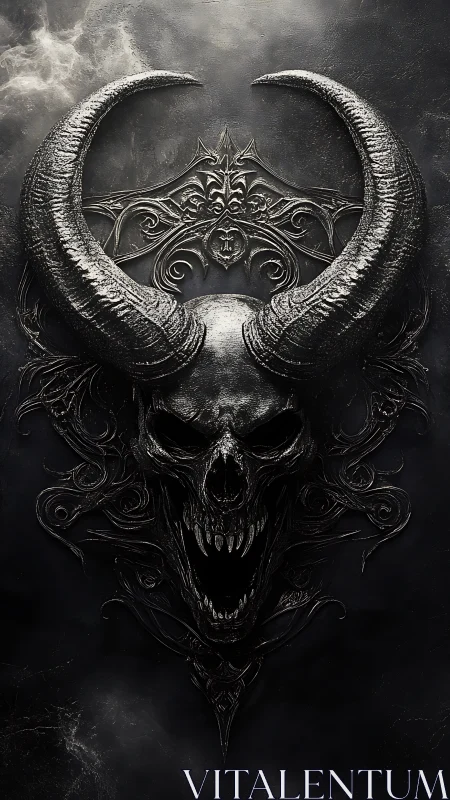 Horned skull relief with ornate dark metal filigree design.