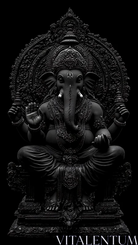 Dark monochrome Ganesha sculpture shows ornate divine presence