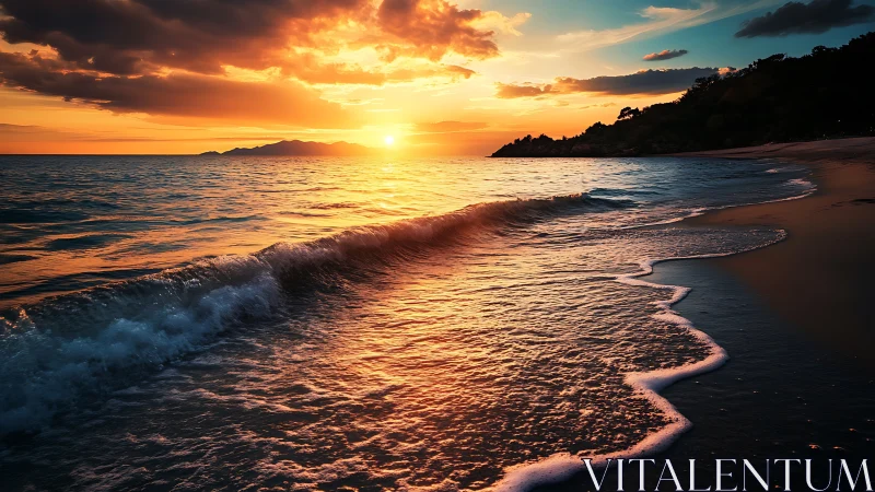 Sunset light on rolling shoreline waves and dark coastline.